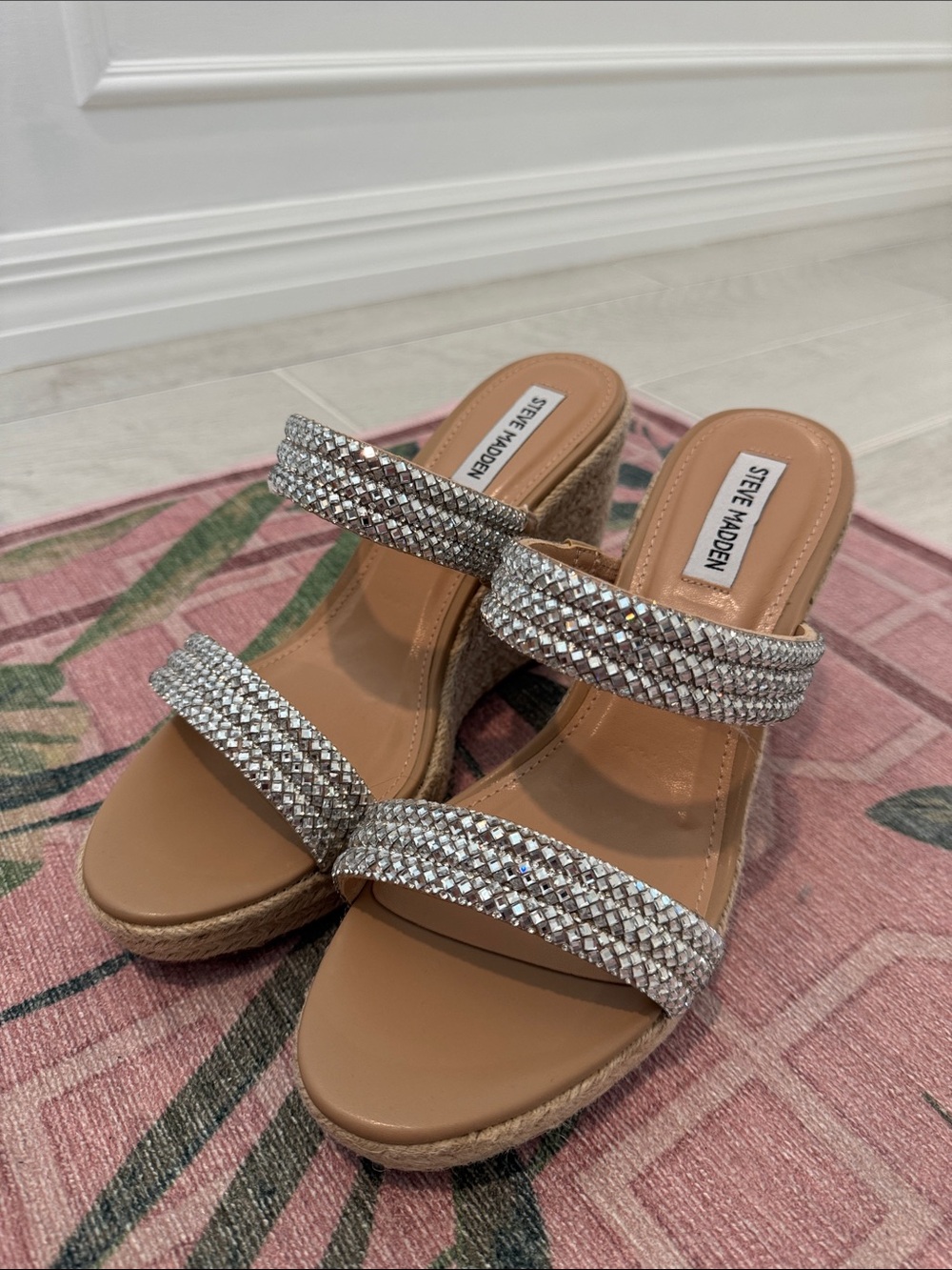 Steve Madden Tan Espadrille Wedge Sandals with Silver Rhinestone Straps 9.5